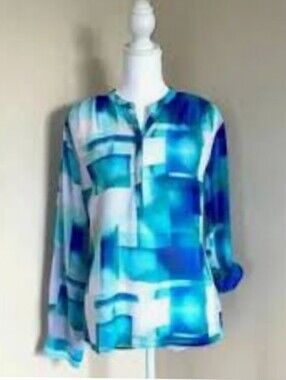 a.n.a Blue Aqua Abstract Print Blouse Size XL longsleeve Semi Sheer Lightweight